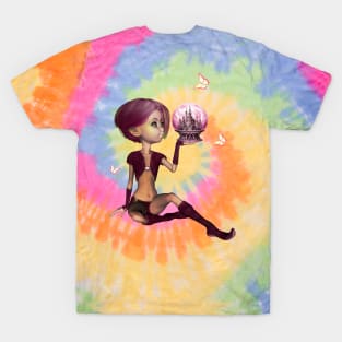 Little fairy looks at a glass sphere with a castle T-Shirt